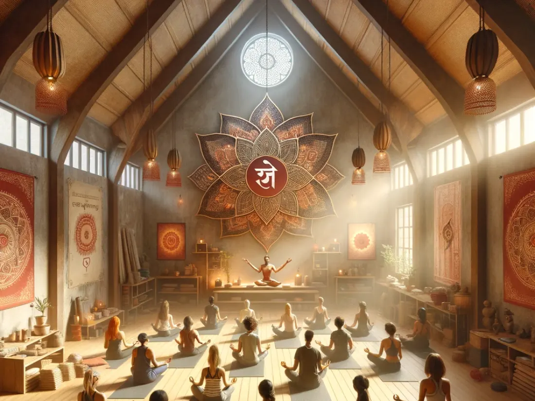 A group beginner yoga class practicing seated poses in a warmly lit studio