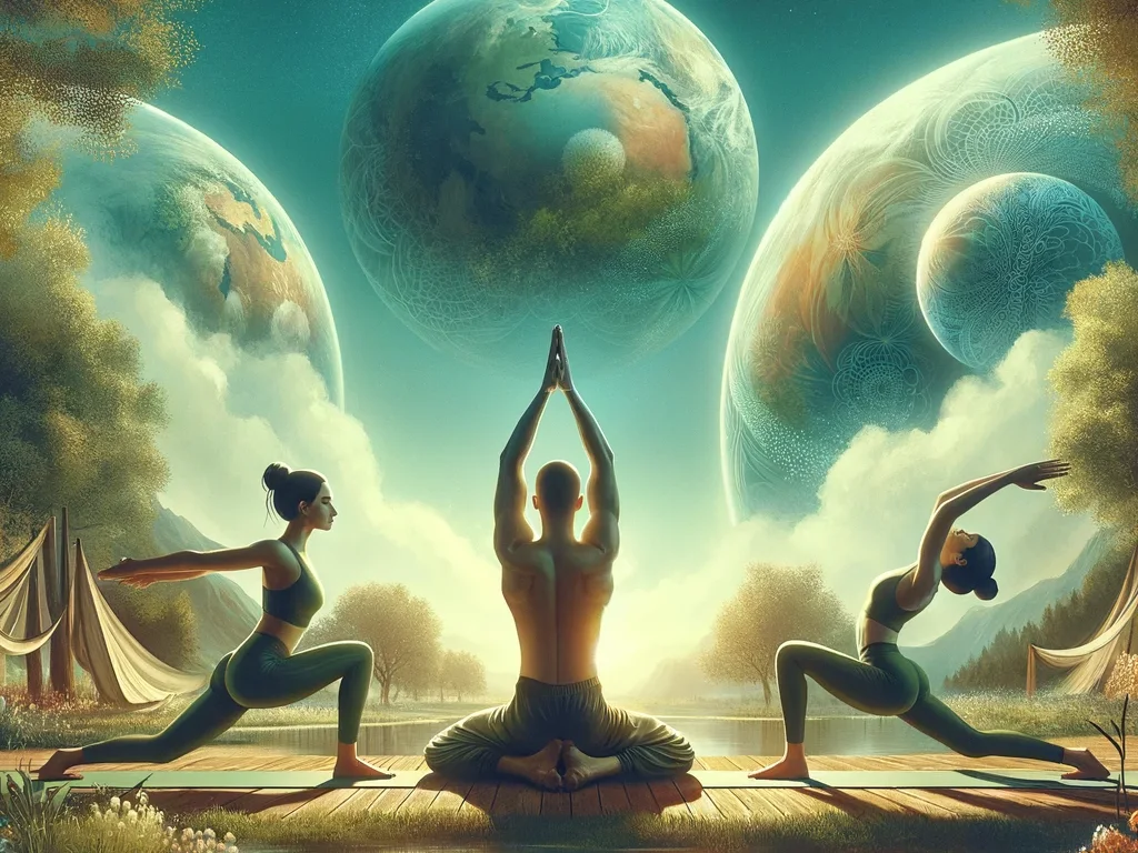 Three practitioners in different yoga poses beneath layered translucent planets, evoking the vastness and variety within the practice