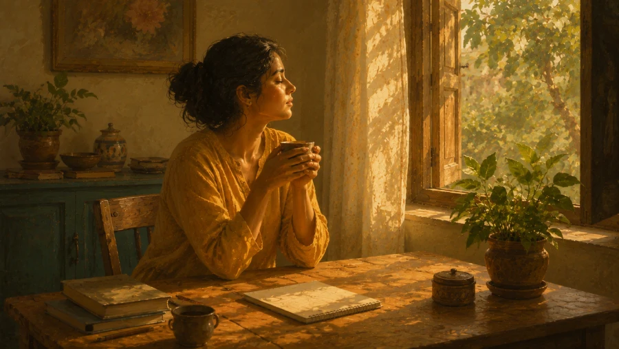 A person pausing mid-task at home with a warm cup in hand, an ordinary moment of presence in daily life