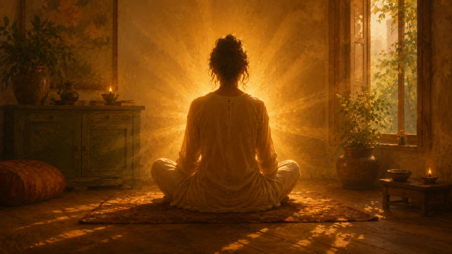 A calm, seated figure with soft golden light radiating outward, representing the quiet energy of genuine presence