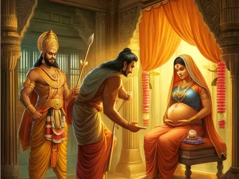 Arjuna teaching the secret of the Chakravyuha to Subhadra during her pregnancy, from the Mahabharata