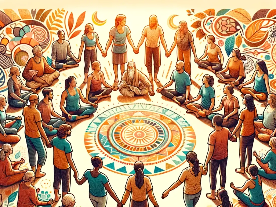 A large circle of practitioners holding hands around a mandala pattern
