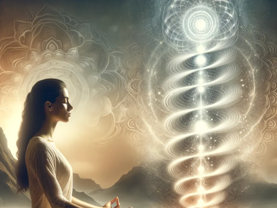 A meditating figure with a spiraling column of light rising above them