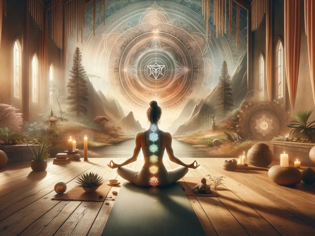 A practitioner in seated meditation, grounded in the Muladhara chakra