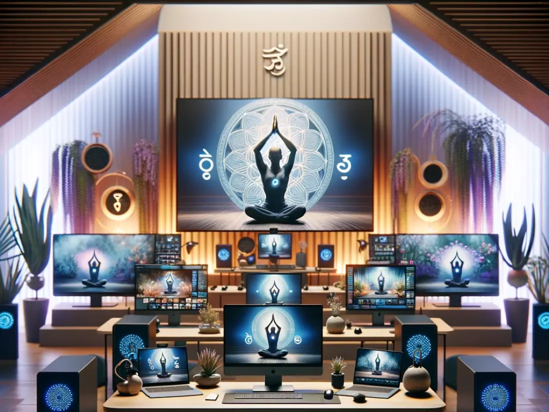 A row of screens showing a meditating figure, representing live online instruction