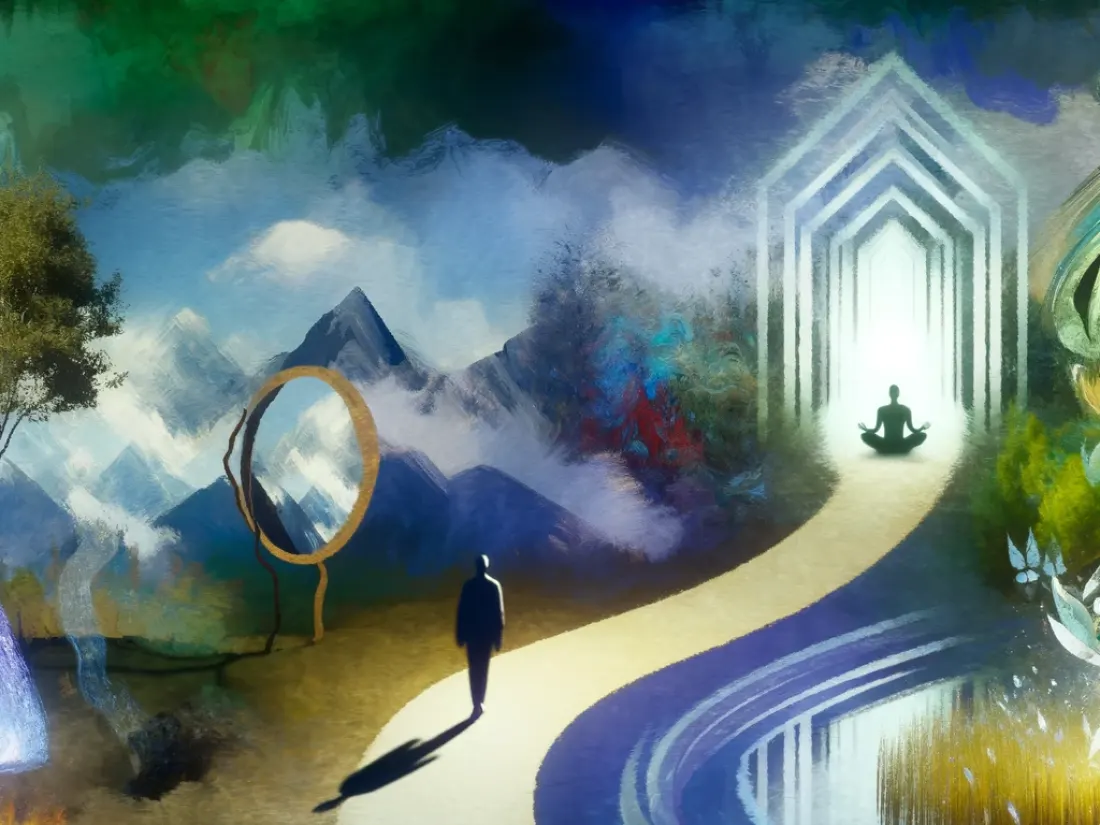 A single figure walking a path toward a meditating figure in the distance