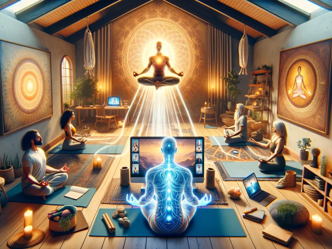 A live online yoga class, practitioners on mats facing a screen showing a meditating figure