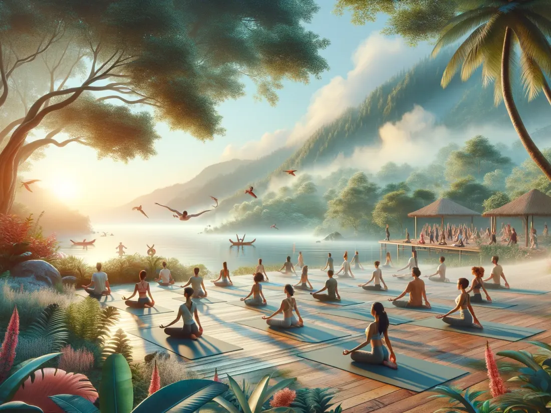 A group practicing yoga outdoors at sunrise beside a lake with misted mountains behind them