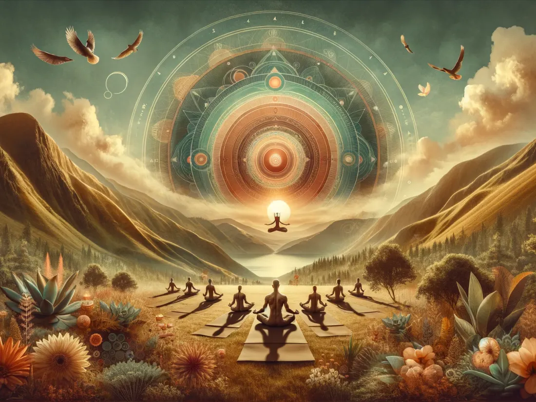 A meditating figure at the center of a hill landscape with roots extending downward