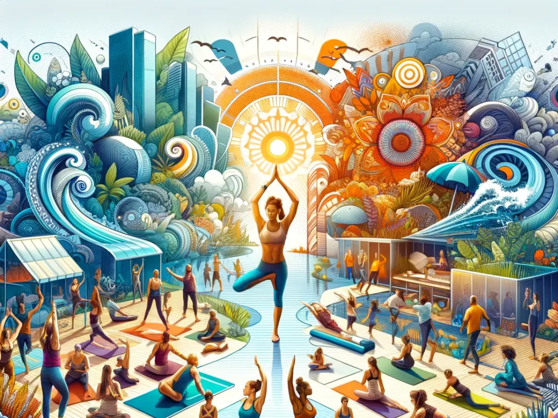 A group practicing yoga together outdoors in a vibrant, community setting