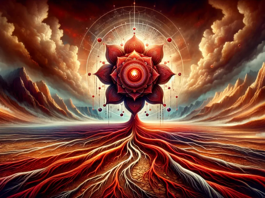 A stylized root-chakra lotus with roots extending into the earth