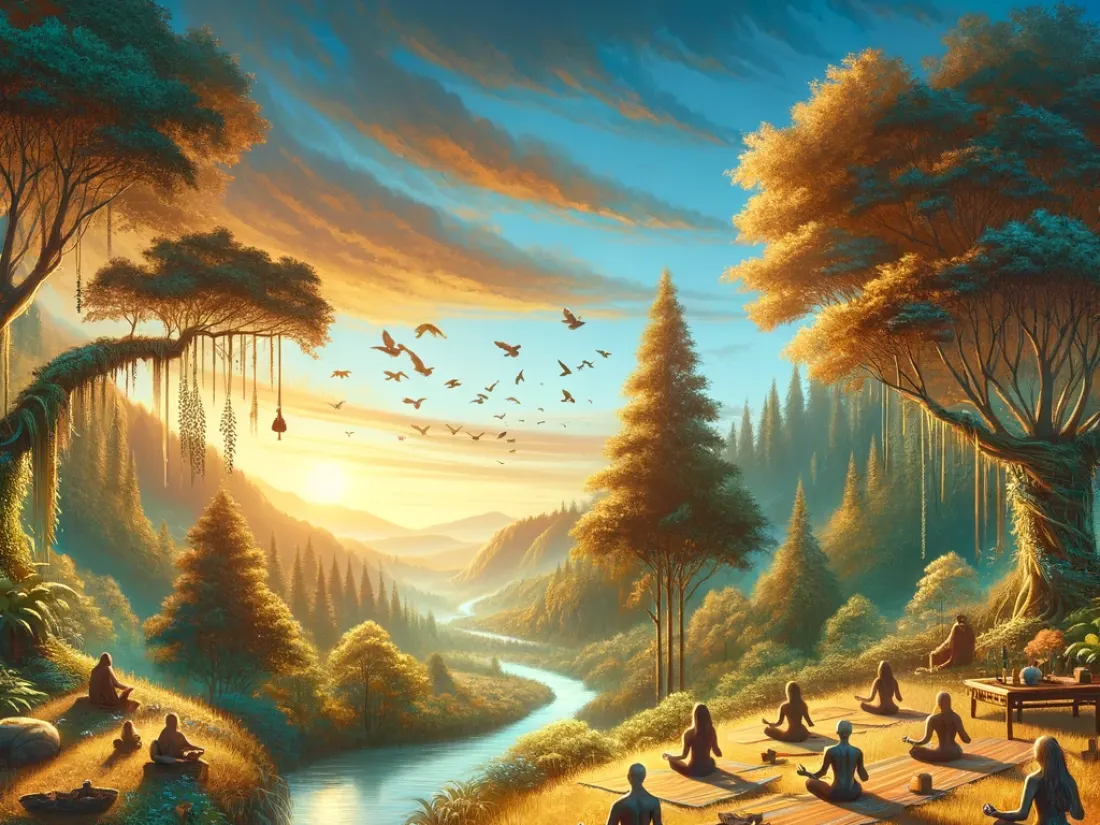 A group practicing yoga in a golden-lit valley beside a river at sunrise