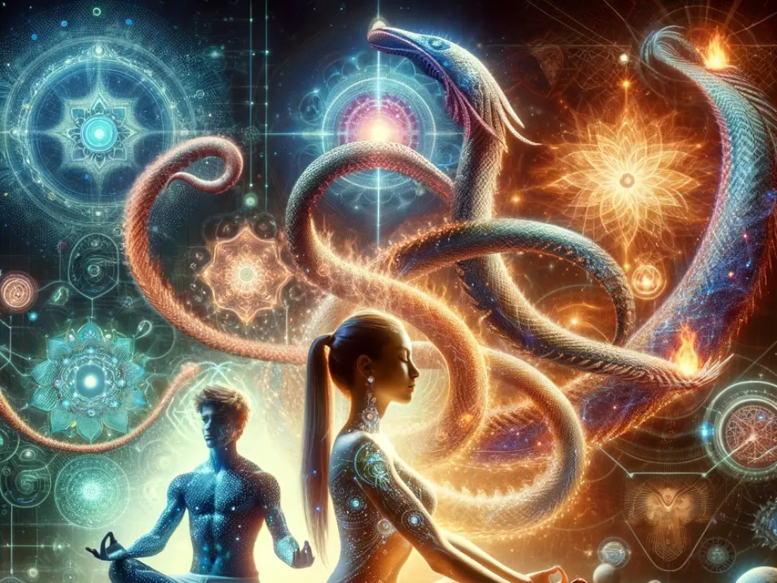 A meditating figure with a luminous serpent form coiling above, symbolizing kundalini energy