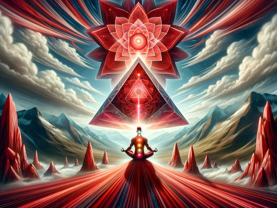 A meditating figure before a radiant lotus formation among mountain peaks